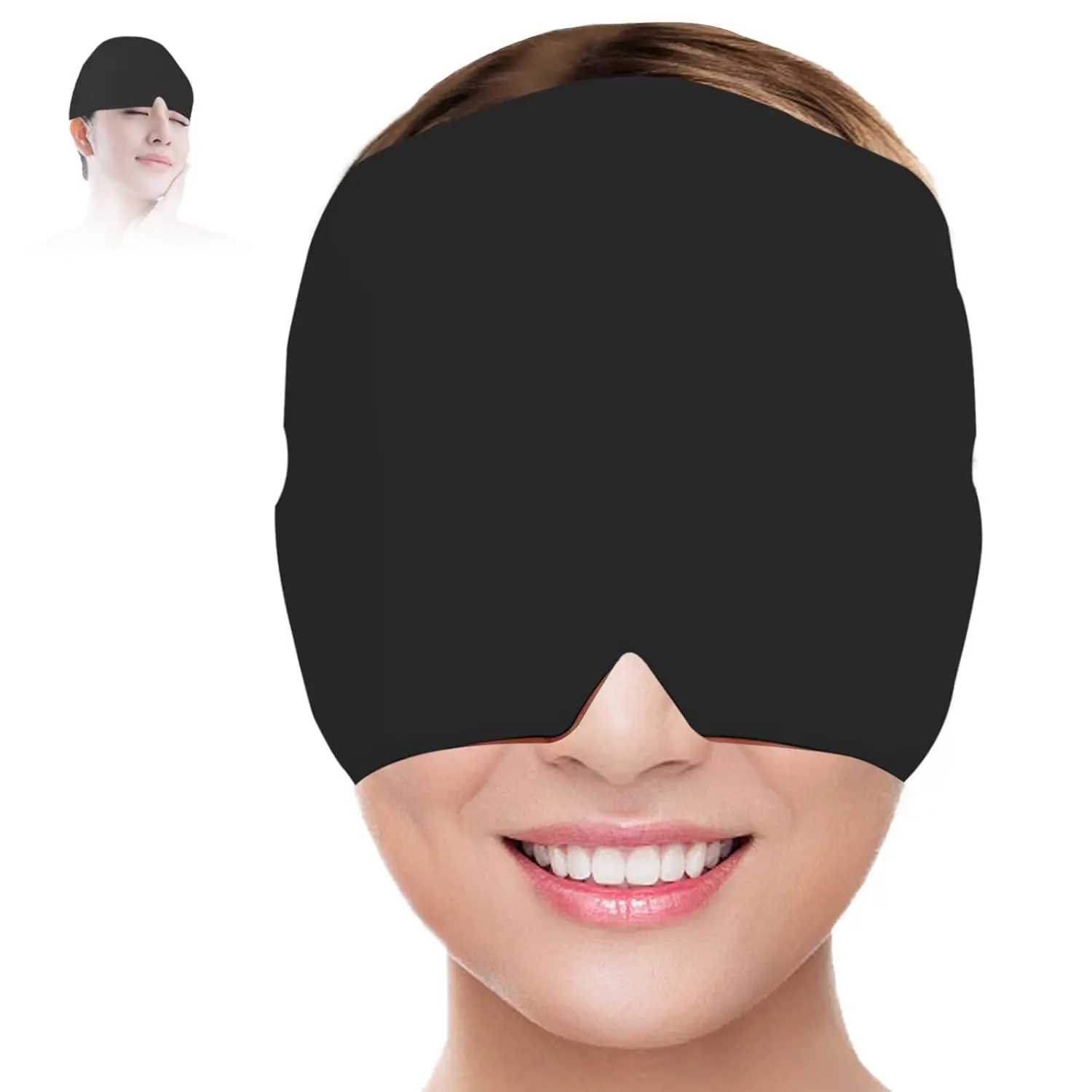 This migraine relief cap uses cryotherapy and compression therapy to provide natural relief from headaches, tension, and swollen eyes, offering 360-degree head coverage and a comfortable fit.