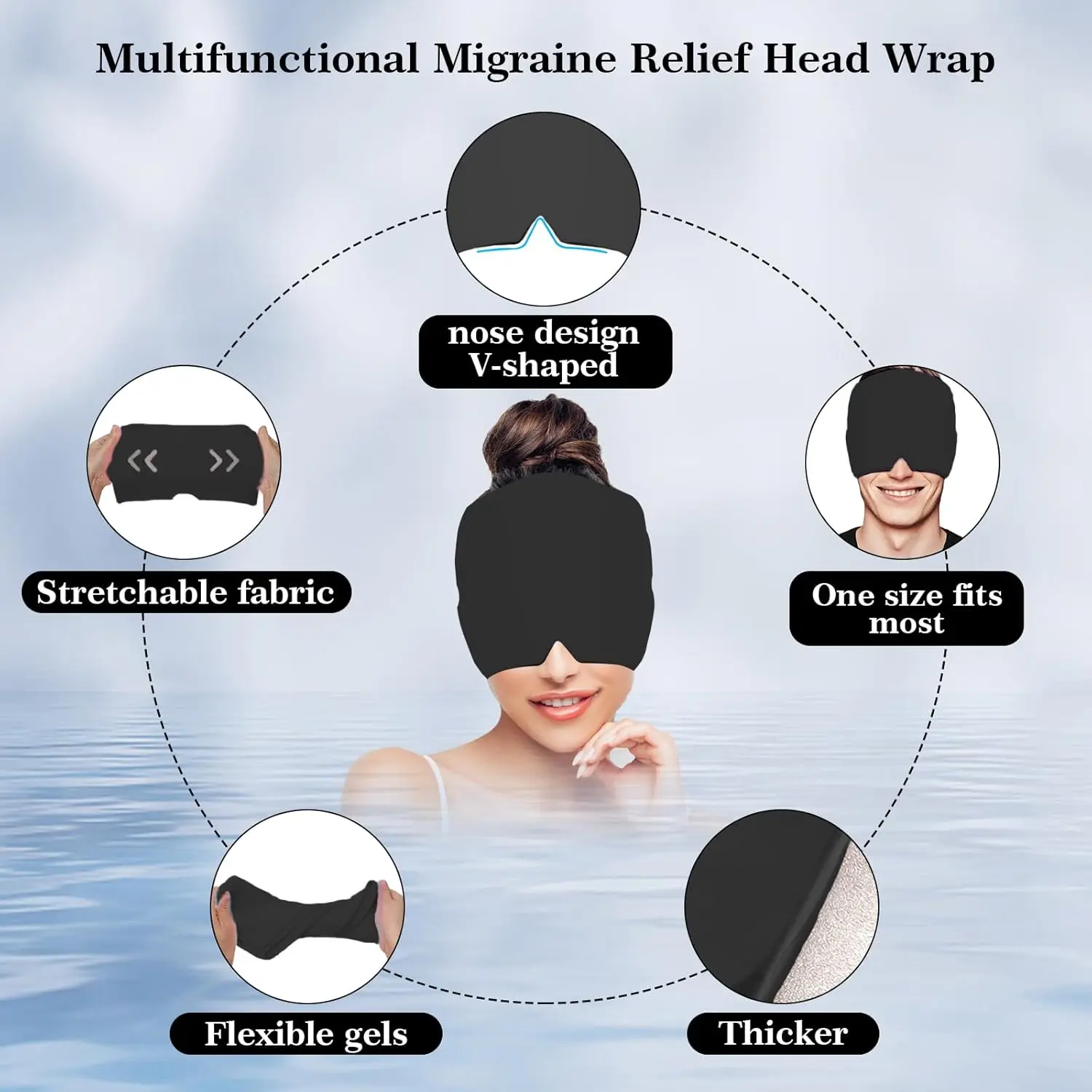 This migraine relief cap uses cryotherapy and compression therapy to provide natural relief from headaches, tension, and swollen eyes, offering 360-degree head coverage and a comfortable fit.