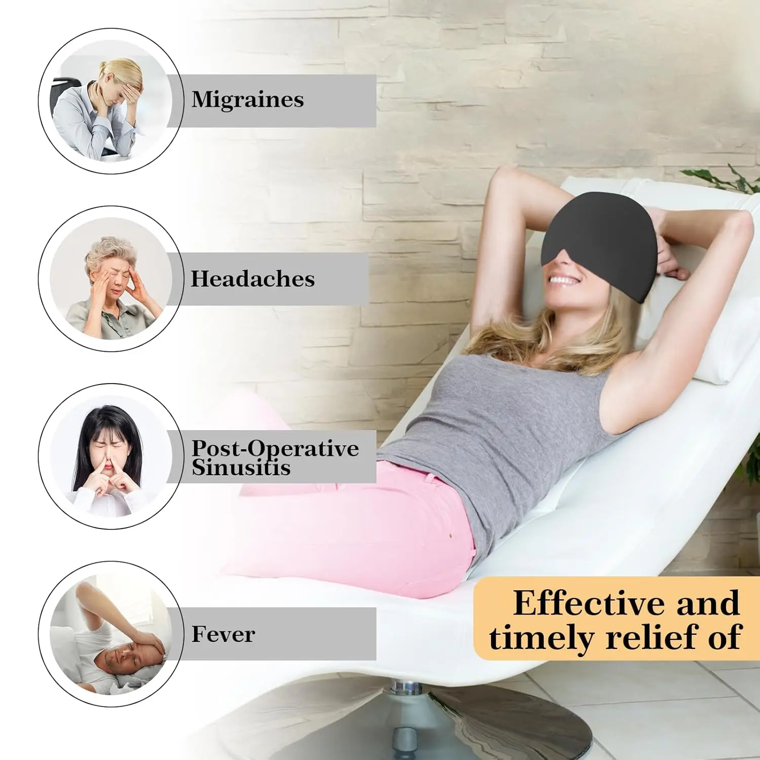 This migraine relief cap uses cryotherapy and compression therapy to provide natural relief from headaches, tension, and swollen eyes, offering 360-degree head coverage and a comfortable fit.
