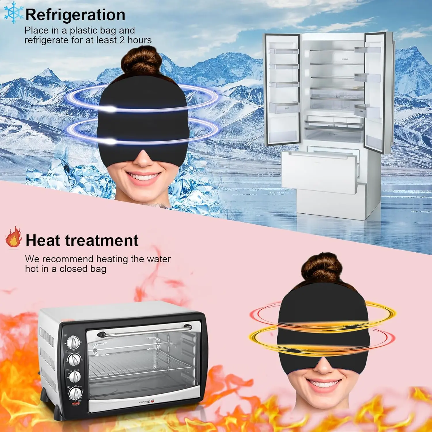 This migraine relief cap uses cryotherapy and compression therapy to provide natural relief from headaches, tension, and swollen eyes, offering 360-degree head coverage and a comfortable fit.