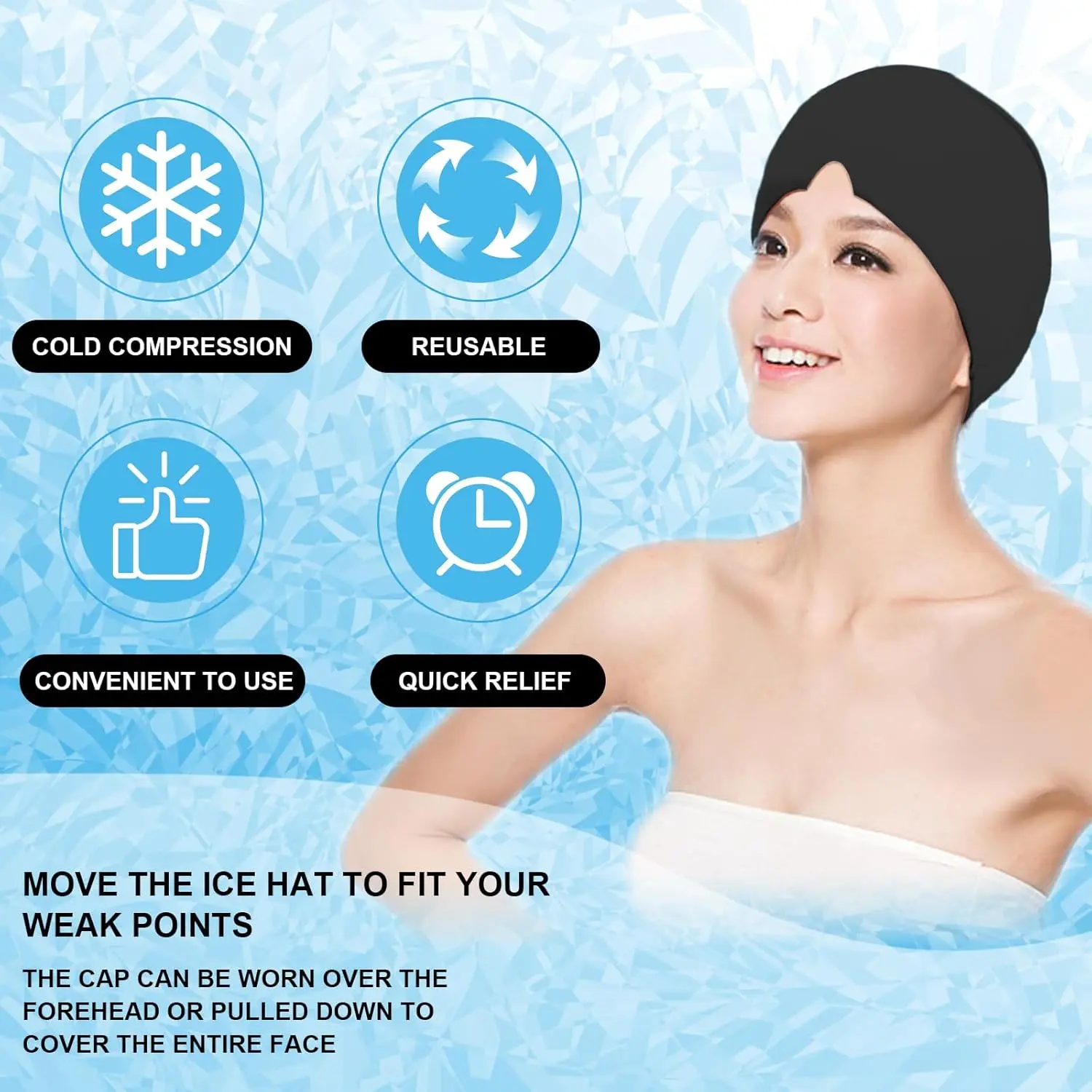 This migraine relief cap uses cryotherapy and compression therapy to provide natural relief from headaches, tension, and swollen eyes, offering 360-degree head coverage and a comfortable fit.