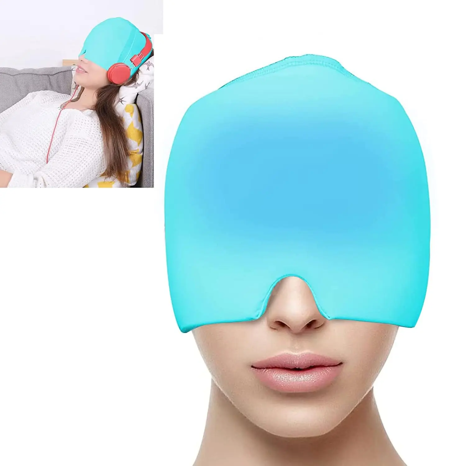 Wearable blue migraine relief cap provides soothing cold or hot therapy for headaches, tension, sinus pressure, and puffy eyes.