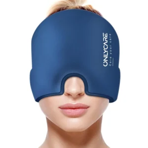 Blue migraine relief cap provides cold therapy and light blocking for natural headache pain relief.