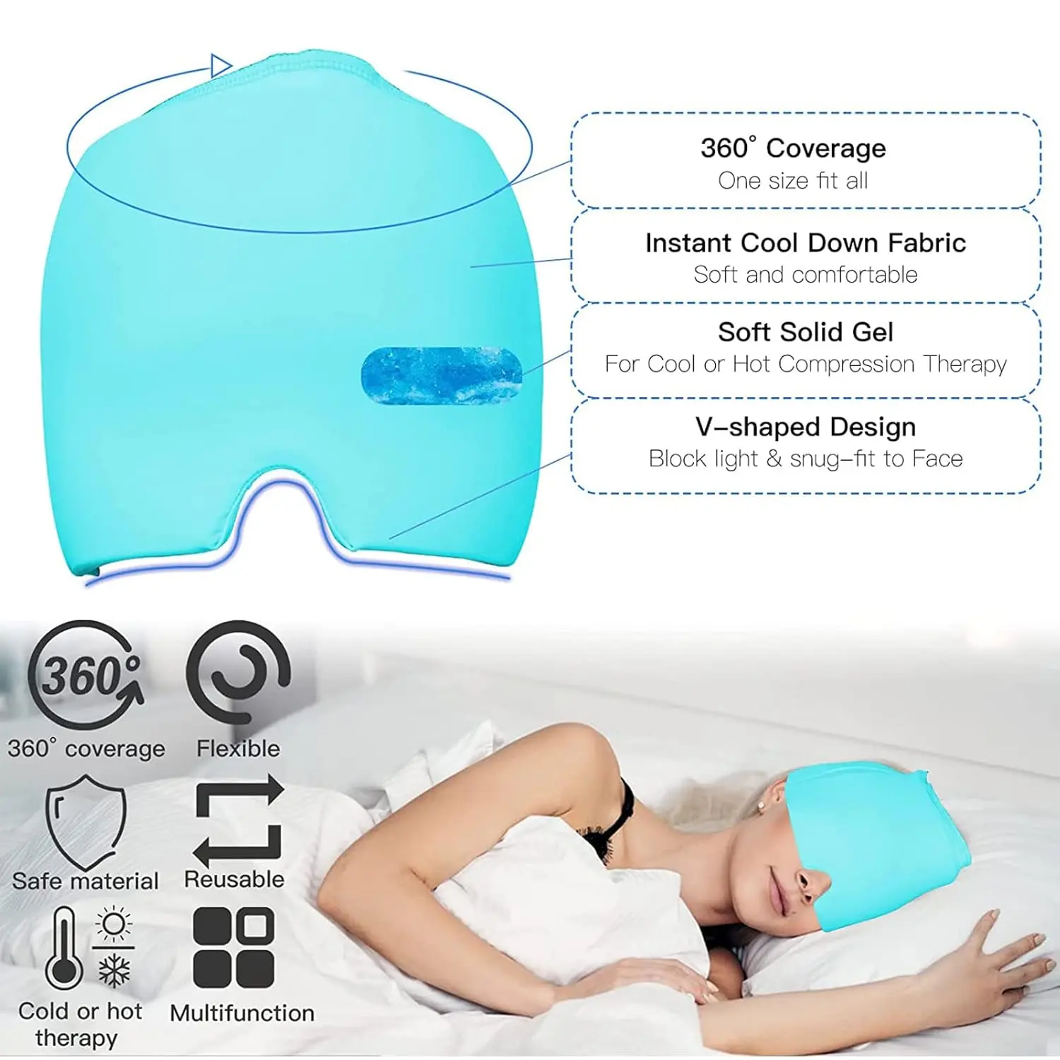 Wearable blue migraine relief cap provides soothing cold or hot therapy for headaches, tension, sinus pressure, and puffy eyes.