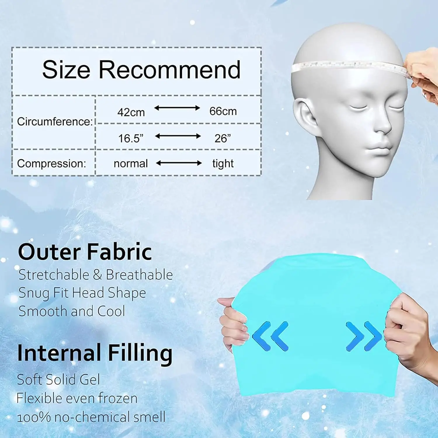 Wearable blue migraine relief cap provides soothing cold or hot therapy for headaches, tension, sinus pressure, and puffy eyes.