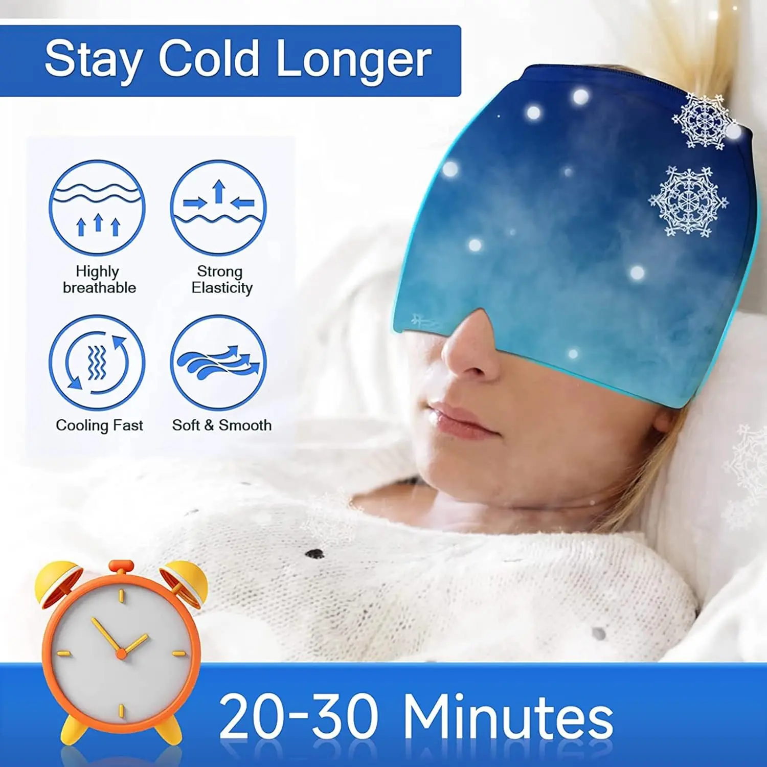 Wearable blue migraine relief cap provides soothing cold or hot therapy for headaches, tension, sinus pressure, and puffy eyes.