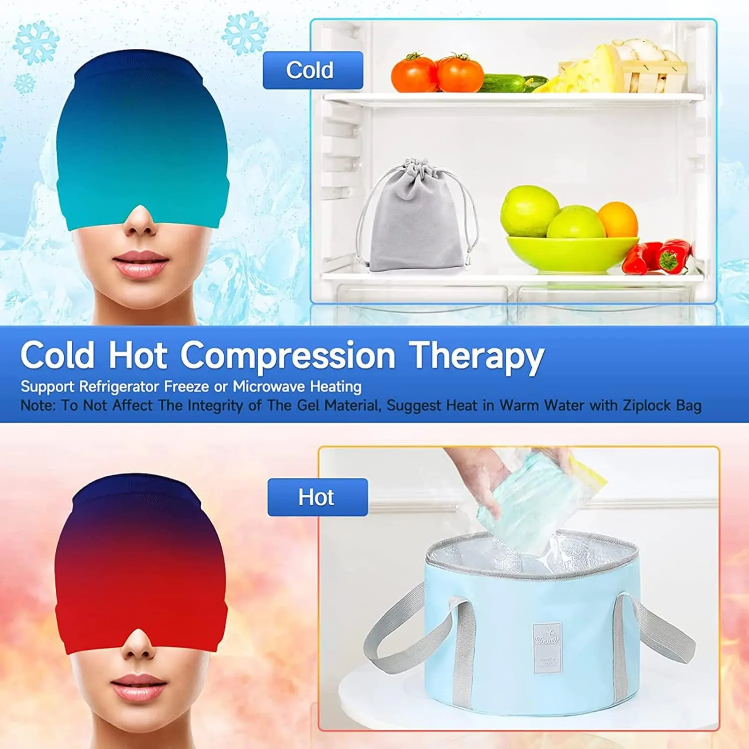 Wearable blue migraine relief cap provides soothing cold or hot therapy for headaches, tension, sinus pressure, and puffy eyes.