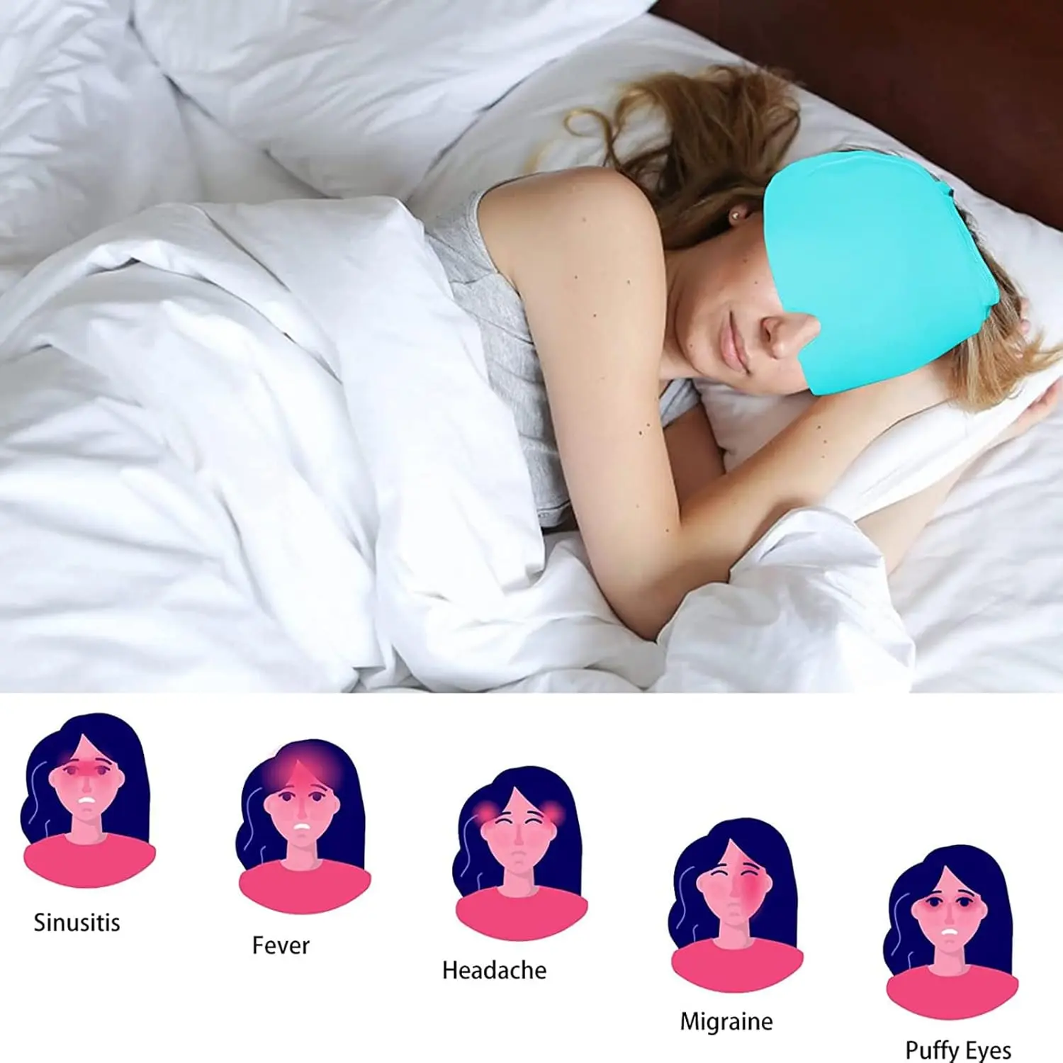 Wearable blue migraine relief cap provides soothing cold or hot therapy for headaches, tension, sinus pressure, and puffy eyes.