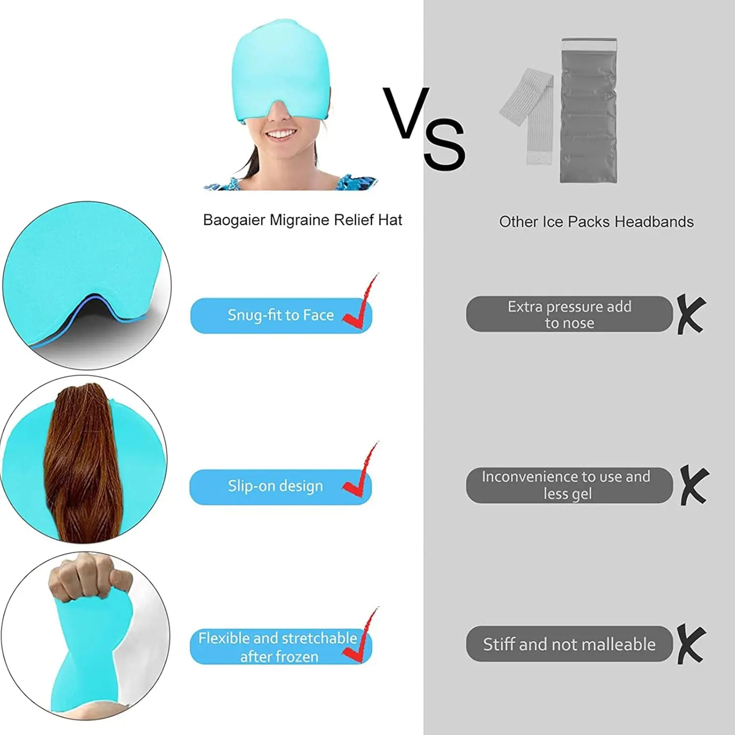 Wearable blue migraine relief cap provides soothing cold or hot therapy for headaches, tension, sinus pressure, and puffy eyes.