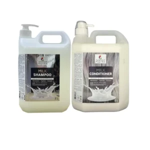 Large 5-litre bottles of professional milk shampoo and conditioner with pump dispensers, designed to moisturize and hydrate hair.