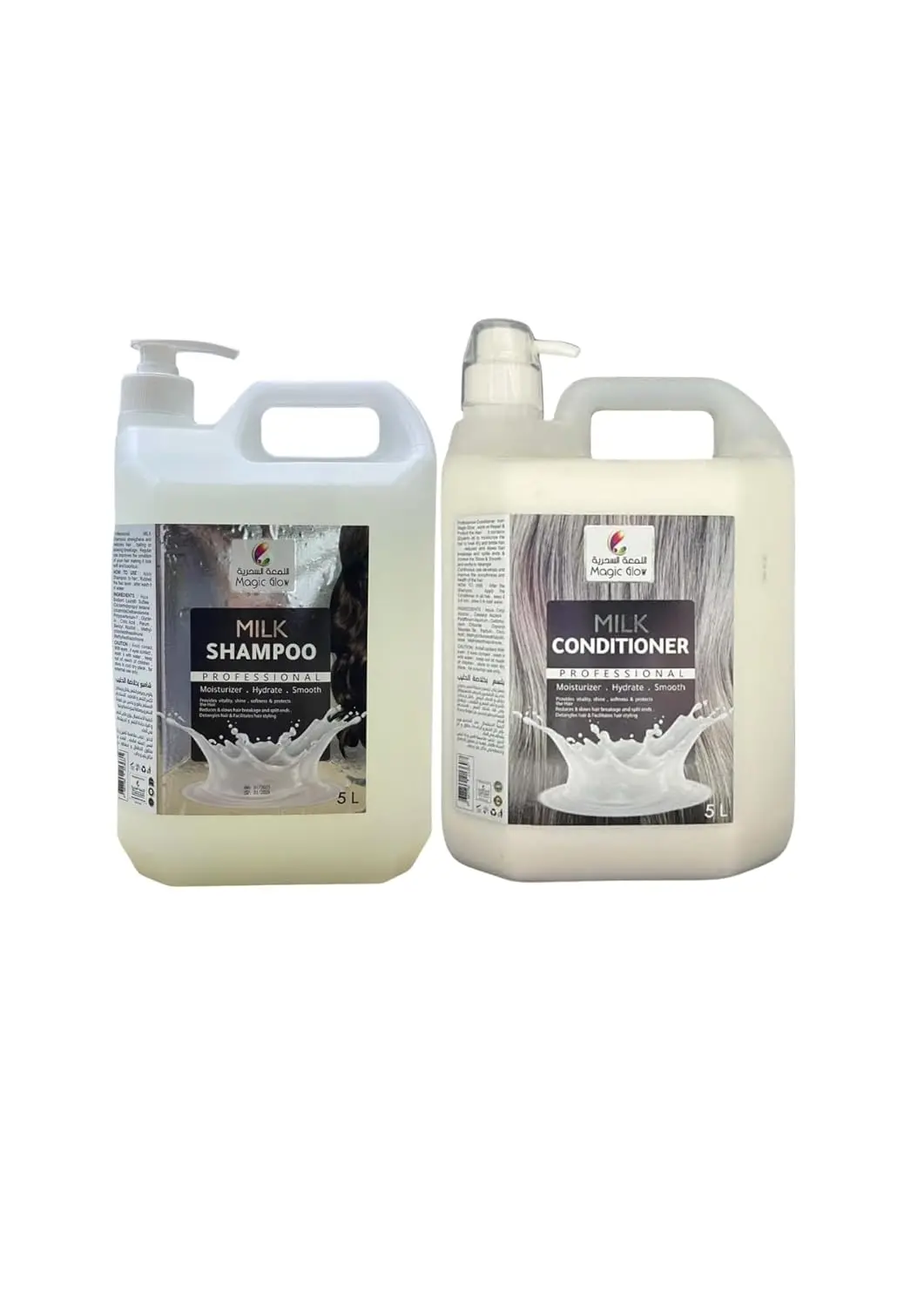 Large 5-litre bottles of professional milk shampoo and conditioner with pump dispensers, designed to moisturize and hydrate hair.