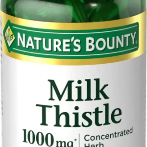 Nature's Bounty Milk Thistle softgels at 1000 mg support liver health with a concentrated herbal formula, free of artificial colors, flavors, sweeteners, and preservatives.