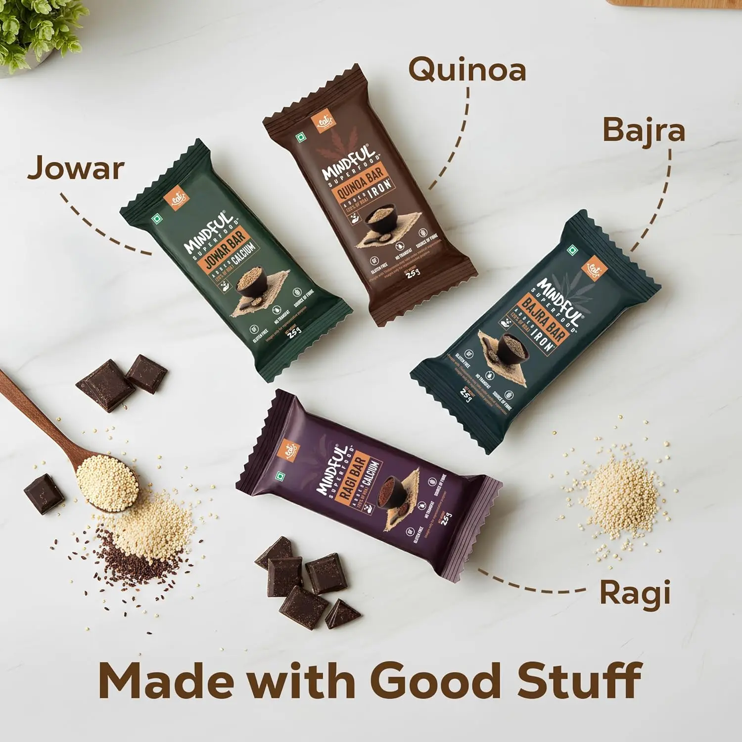 A variety pack of twelve millet energy bars made with ragi, bajra, jowar, and quinoa, providing a rich source of fiber and plant-based protein for sustained energy.