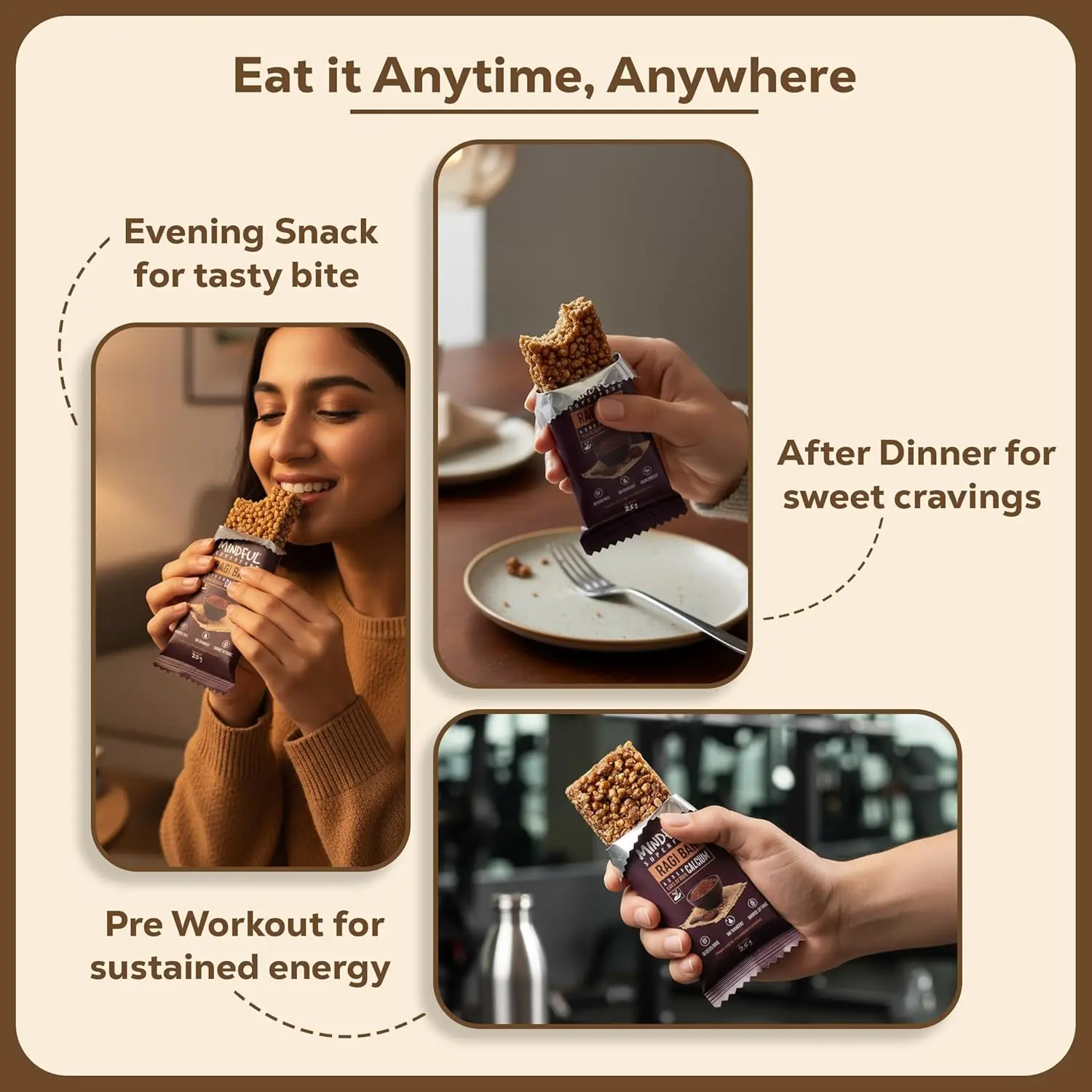 A variety pack of twelve millet energy bars made with ragi, bajra, jowar, and quinoa, providing a rich source of fiber and plant-based protein for sustained energy.