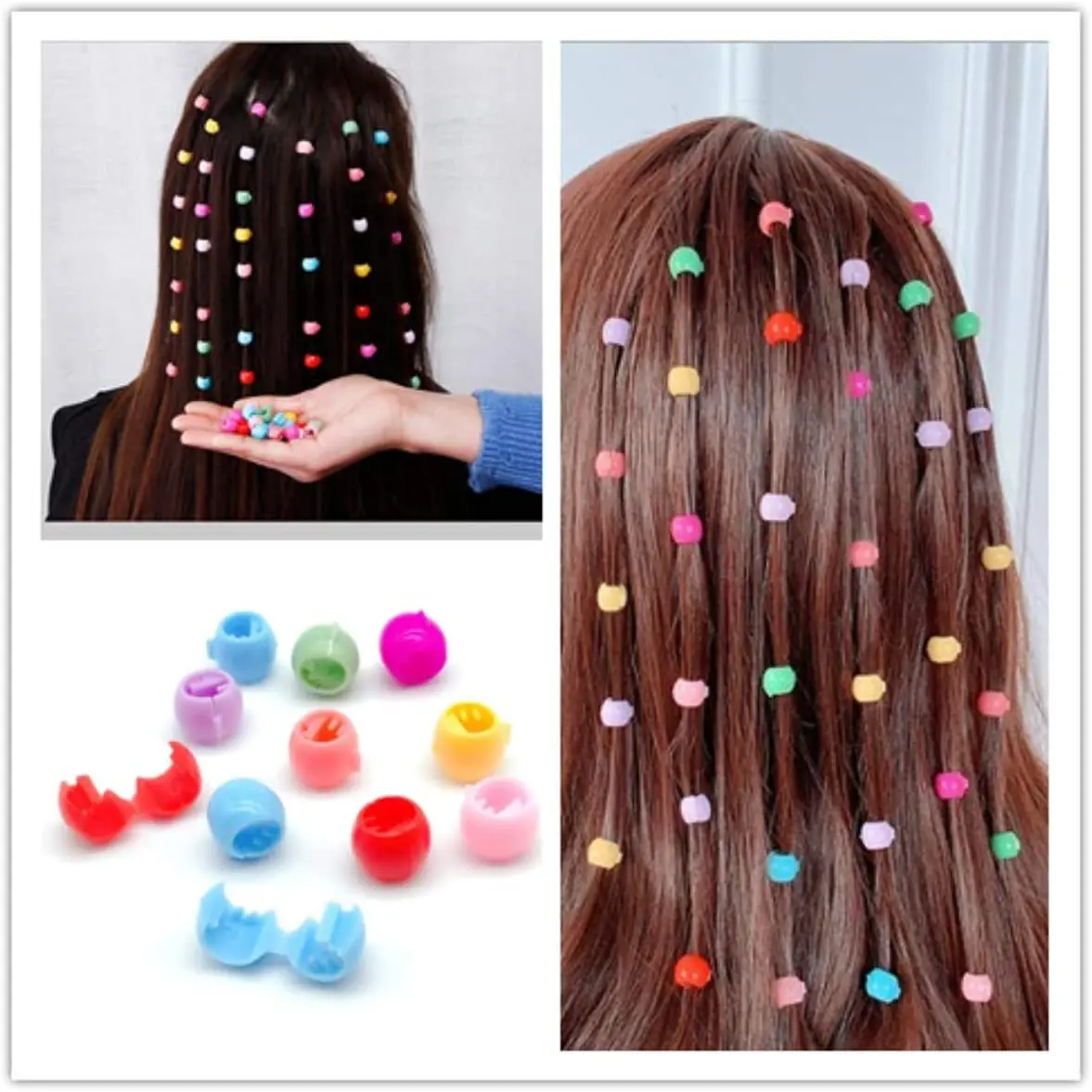 A colorful assortment of 100 mini hair claw clips, including yellow, green, red, purple, blue, and orange, ideal for creating cute and bright hairstyles for little girls, but adult supervision is needed due to small parts.