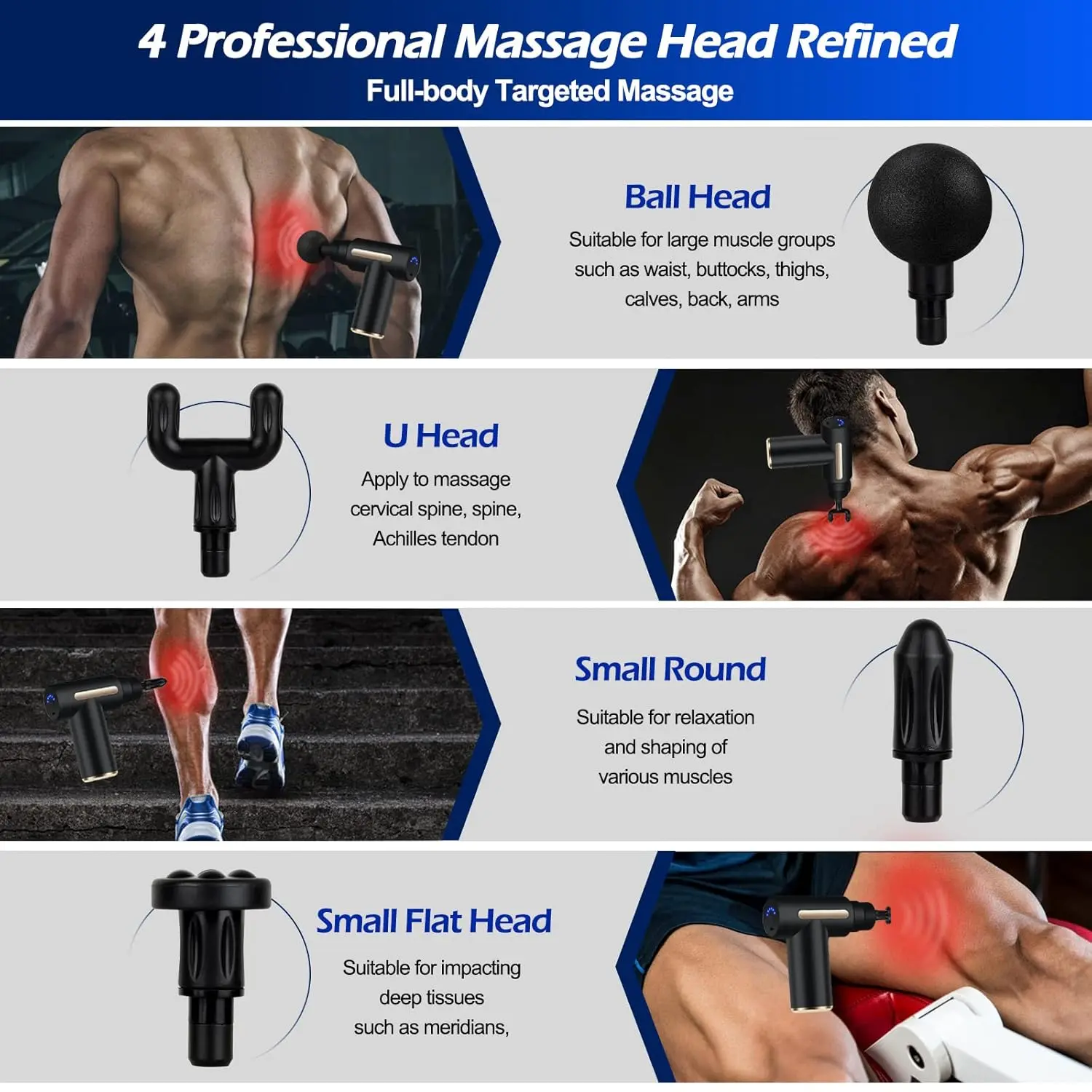 This mini massage gun helps relieve muscle soreness with its deep tissue percussion, 6 speeds, 4 massage heads, and long-lasting 1800mAh battery with Type-C charging.