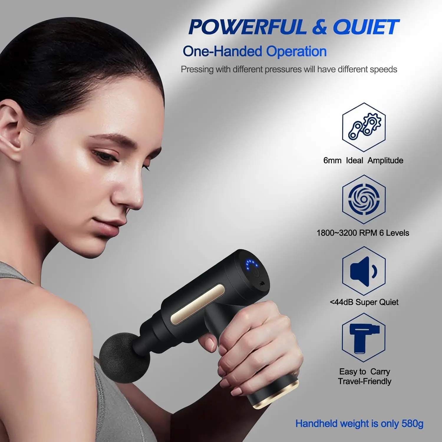 This mini massage gun helps relieve muscle soreness with its deep tissue percussion, 6 speeds, 4 massage heads, and long-lasting 1800mAh battery with Type-C charging.