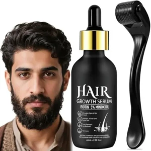 This minoxidil hair growth kit includes a derma roller and 5% minoxidil serum with biotin for thicker, fuller hair and beard growth.