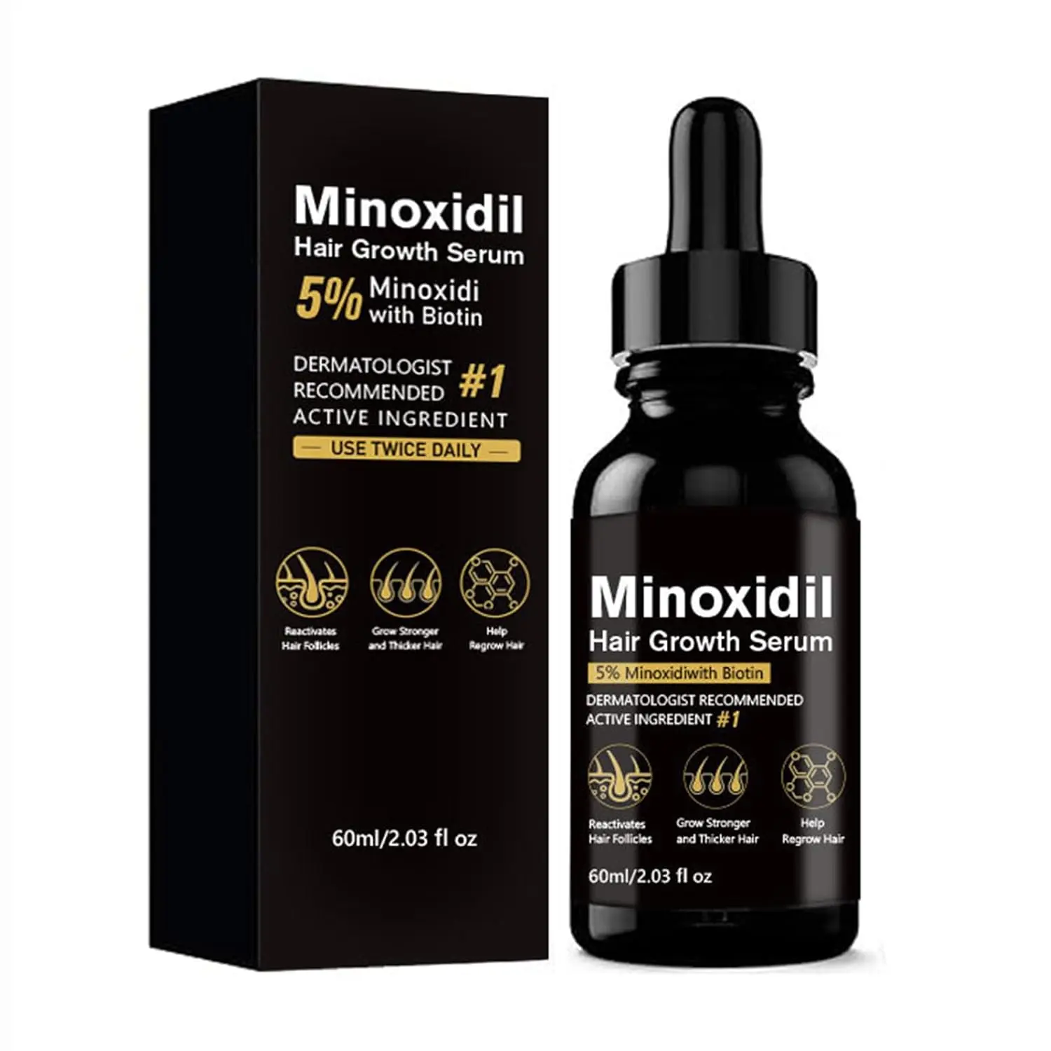This 5% Minoxidil hair growth serum with biotin promotes hair regrowth for both men and women, offering a solution for hair loss and thinning.