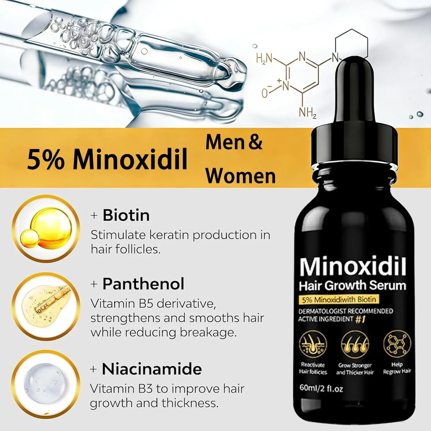 This 5% Minoxidil hair growth serum with biotin promotes hair regrowth for both men and women, offering a solution for hair loss and thinning.