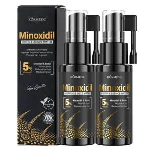 Two bottles of 5% minoxidil spray for men and women to help prevent hair thinning, stimulate hair follicles, and promote hair regrowth for thicker, fuller hair.