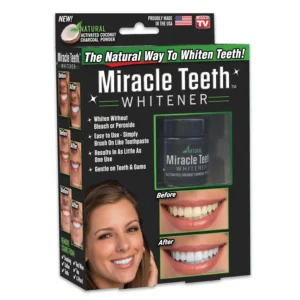 ONTEL Miracle Teeth Whitener is a natural coconut charcoal powder that gently whitens teeth and removes stains from smoking, coffee, soda, and red wine.