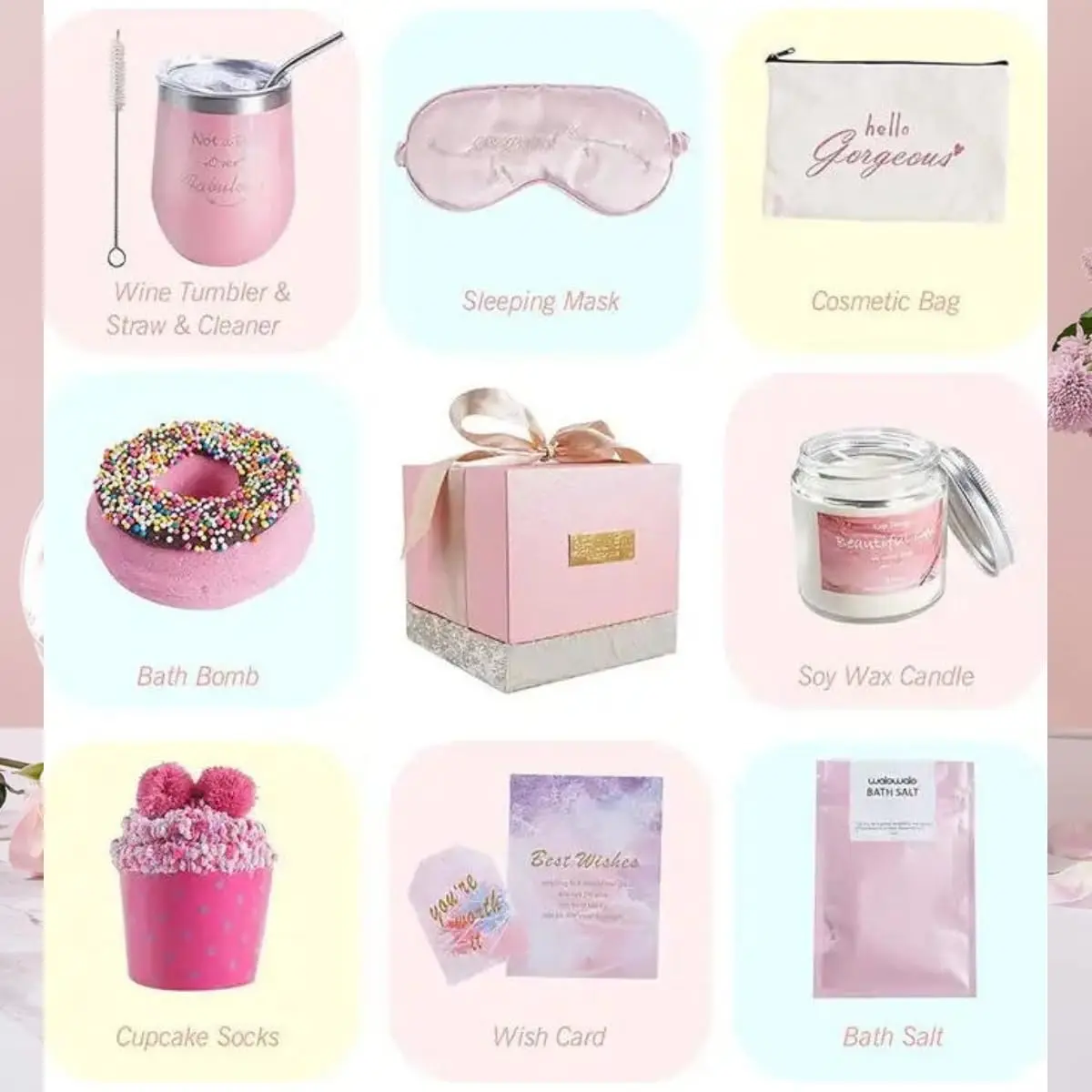 This MissTiara gift set for women features a tumbler, scented candle, bath bomb, socks, and other self-care items perfect for a relaxing spa day.