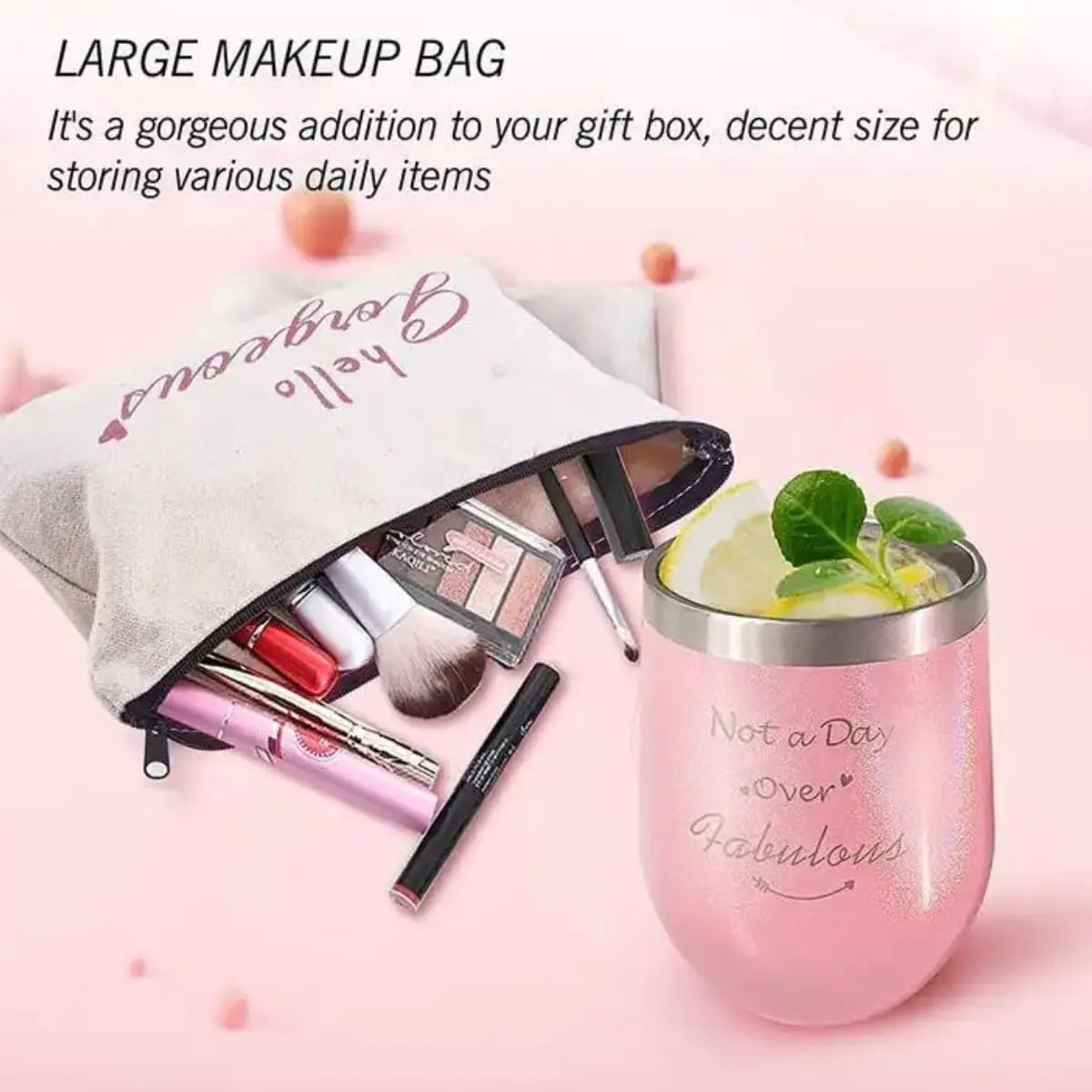 This MissTiara gift set for women features a tumbler, scented candle, bath bomb, socks, and other self-care items perfect for a relaxing spa day.