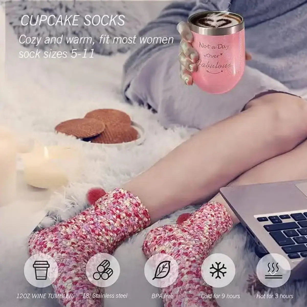 This MissTiara gift set for women features a tumbler, scented candle, bath bomb, socks, and other self-care items perfect for a relaxing spa day.