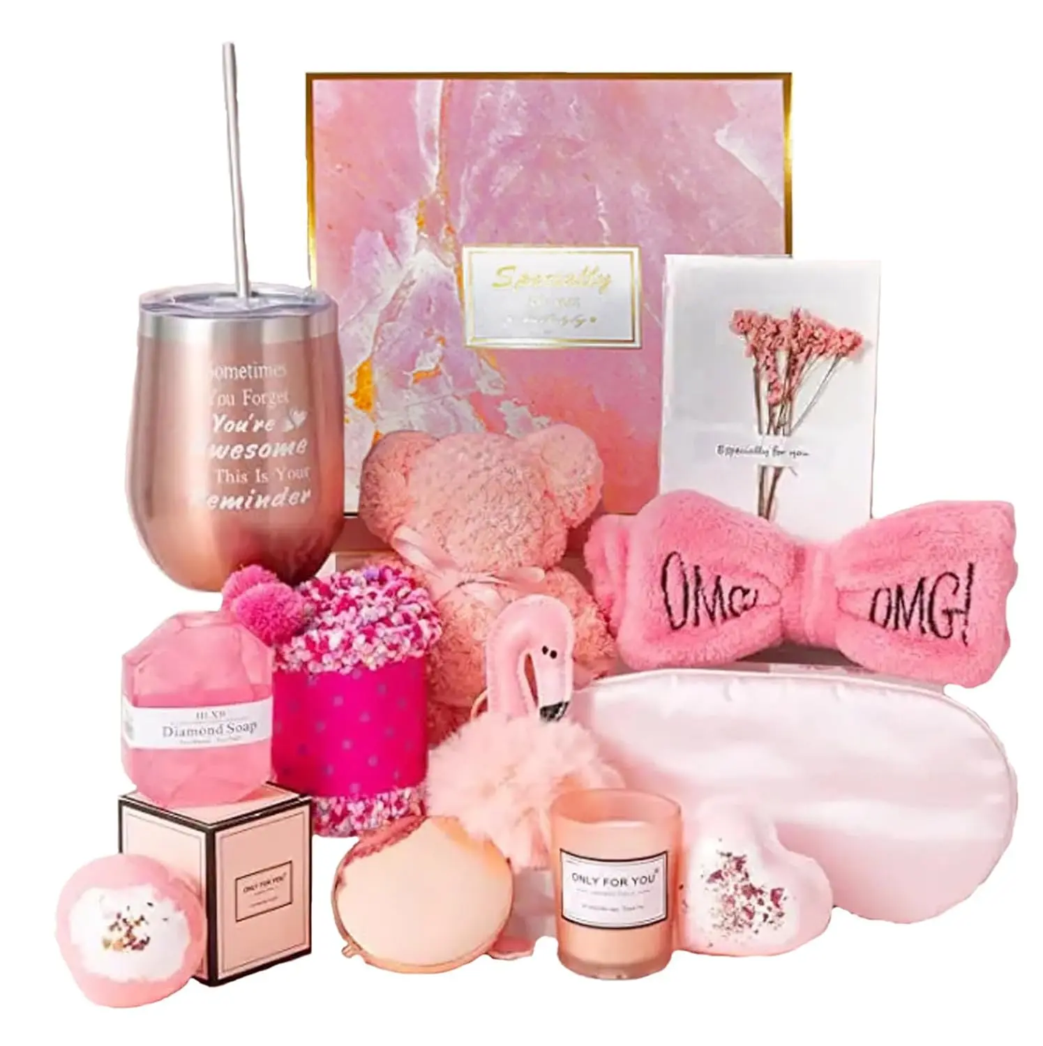 This MissTiara gift set for women features a tumbler, scented candle, bath bomb, socks, and other self-care items perfect for a relaxing spa day.
