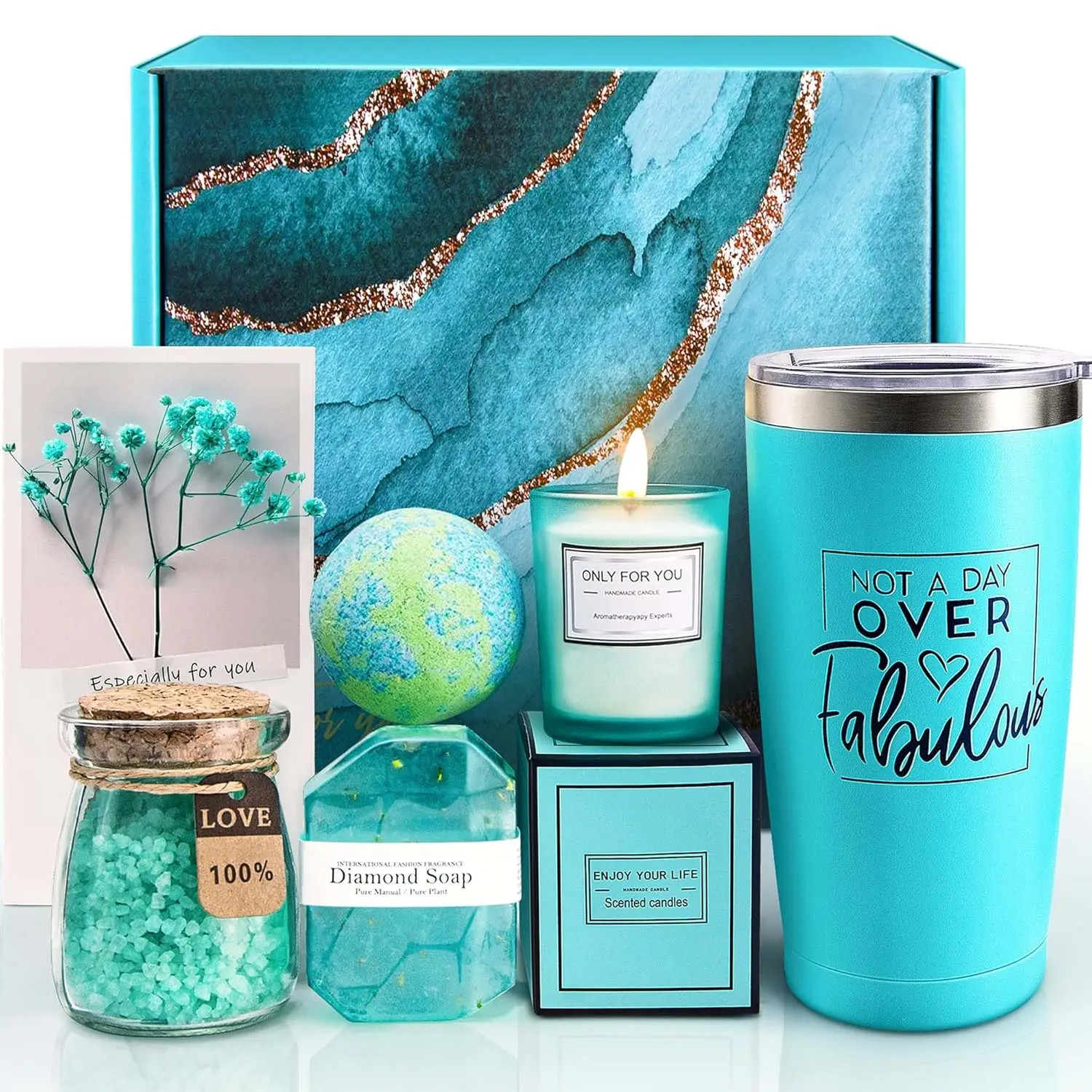 This MissTiara gift set for women features a tumbler, scented candle, bath bomb, socks, and other self-care items perfect for a relaxing spa day.