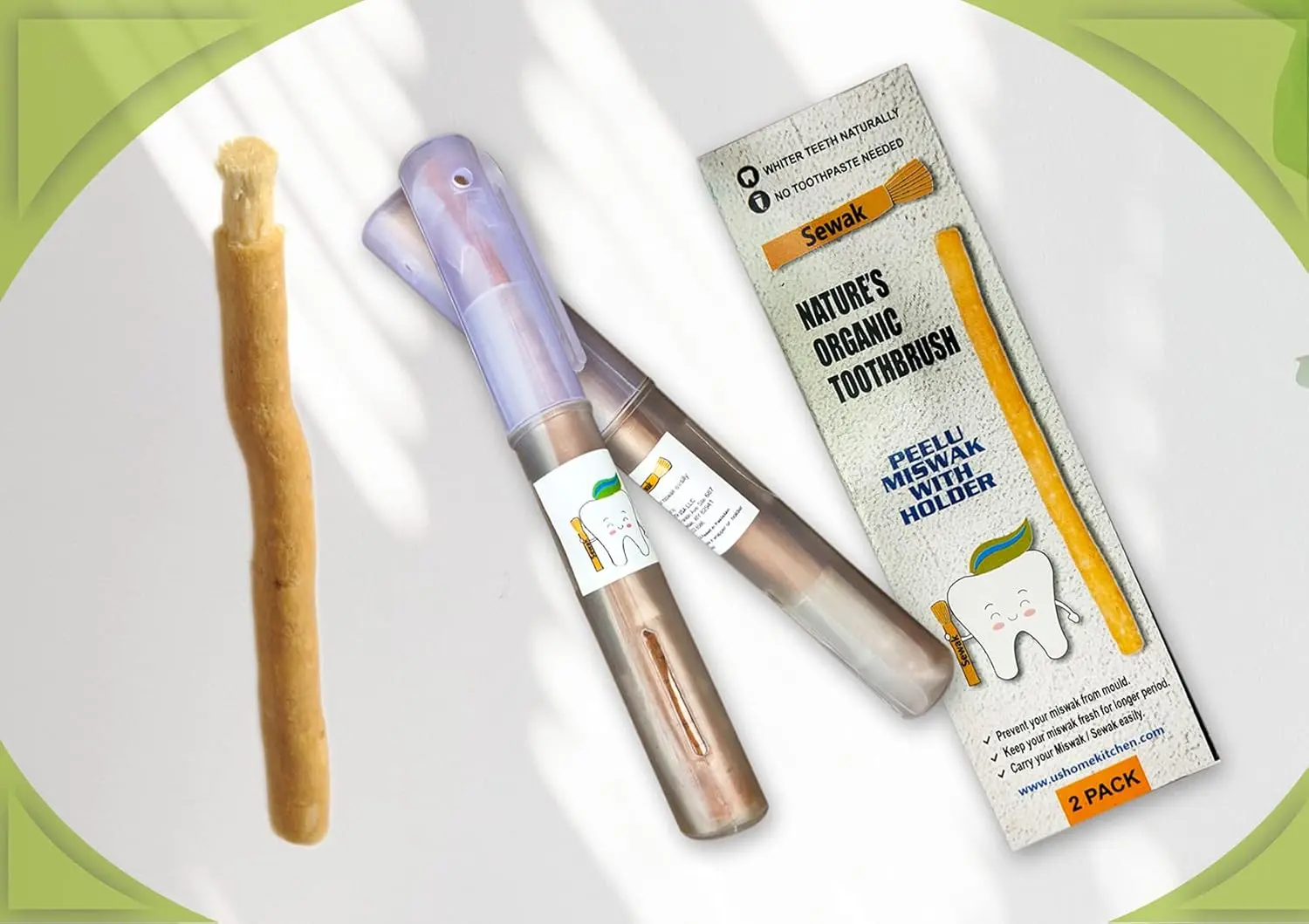 Two natural sewak miswak toothbrush sticks with holder, a traditional and organic way to clean teeth, reduce plaque, and freshen breath with no additives.