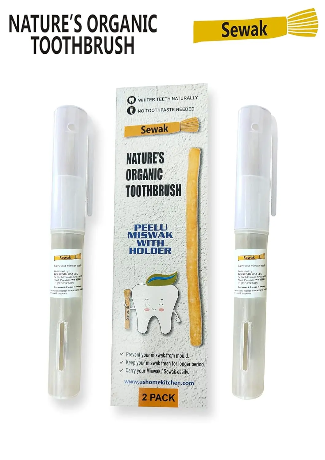 Two natural sewak miswak toothbrush sticks with holder, a traditional and organic way to clean teeth, reduce plaque, and freshen breath with no additives.