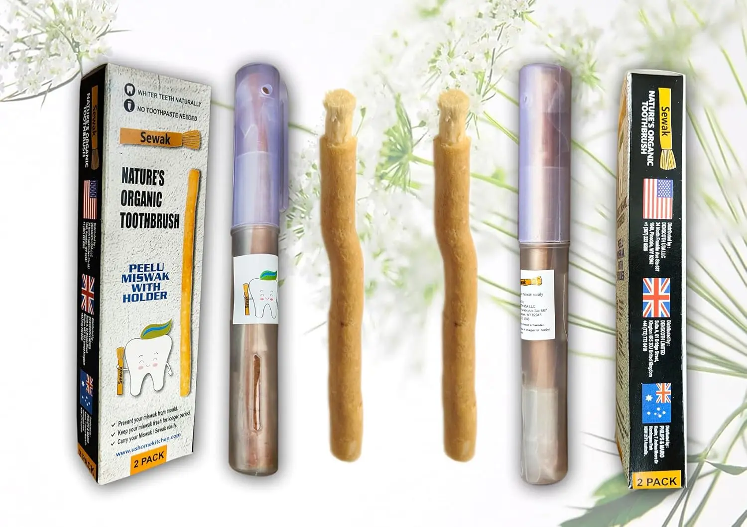 Two natural sewak miswak toothbrush sticks with holder, a traditional and organic way to clean teeth, reduce plaque, and freshen breath with no additives.