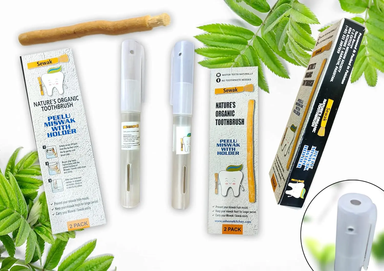 Two natural sewak miswak toothbrush sticks with holder, a traditional and organic way to clean teeth, reduce plaque, and freshen breath with no additives.