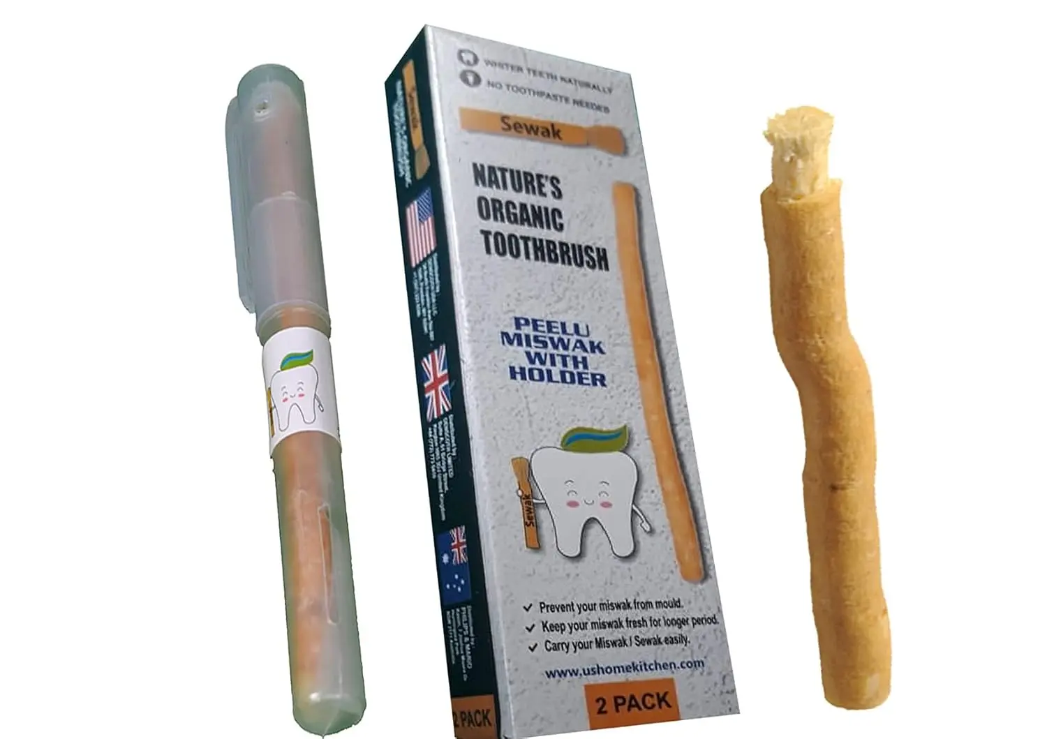 Two natural sewak miswak toothbrush sticks with holder, a traditional and organic way to clean teeth, reduce plaque, and freshen breath with no additives.
