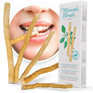 This image shows a set of five natural Miswak toothbrushes made from Salvadora persica root, offering a sustainable and traditional way to clean teeth.