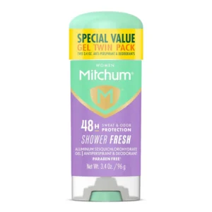 This image shows a twin pack of Mitchum Women's Shower Fresh gel antiperspirant deodorant, providing 48-hour sweat and odor protection with a clear, alcohol-free formula.