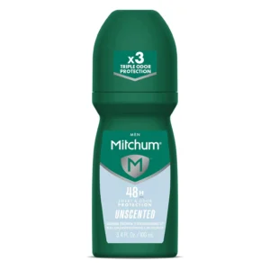 Mitchum unscented roll-on antiperspirant deodorant for men offers maximum wetness protection, reduces underarm moisture, and provides 48-hour odor control.