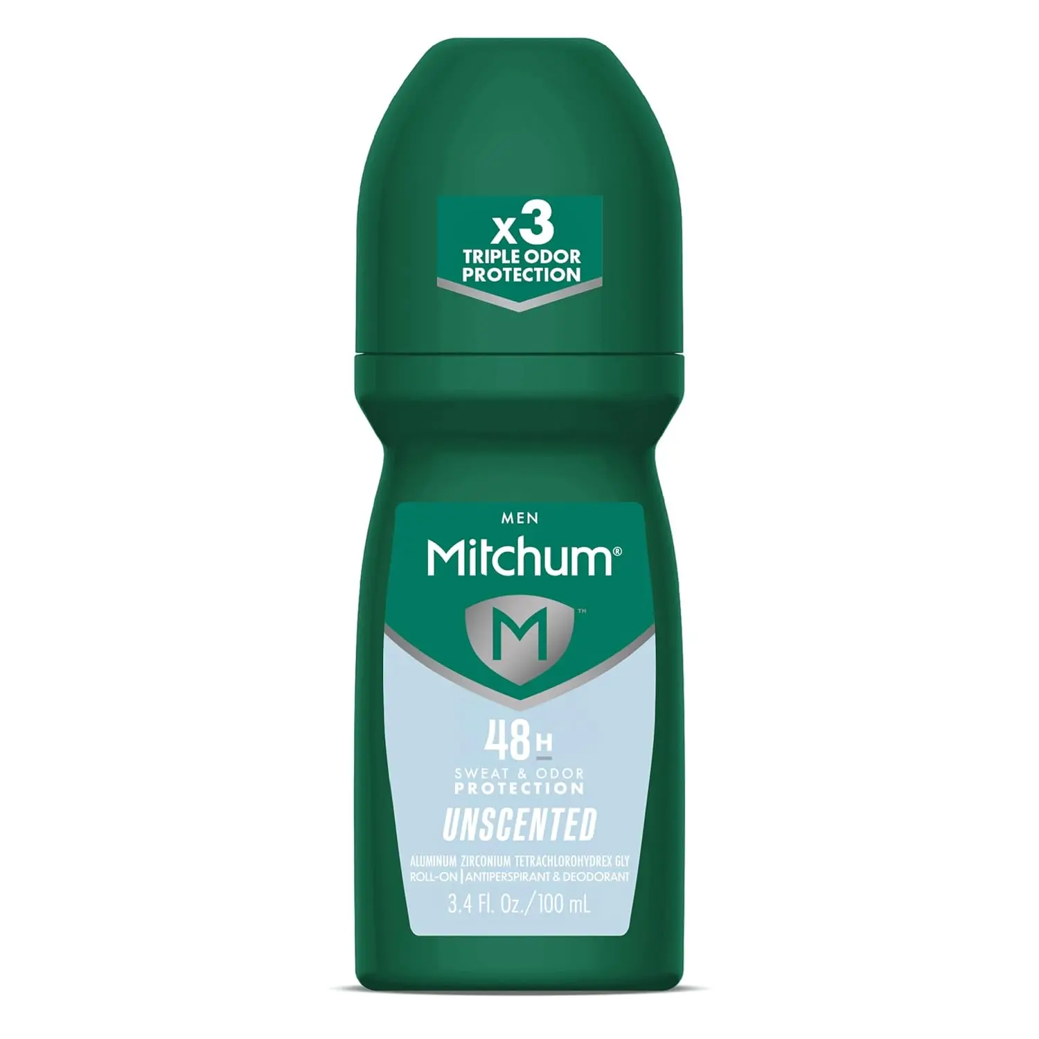 Mitchum unscented roll-on antiperspirant deodorant for men offers maximum wetness protection, reduces underarm moisture, and provides 48-hour odor control.