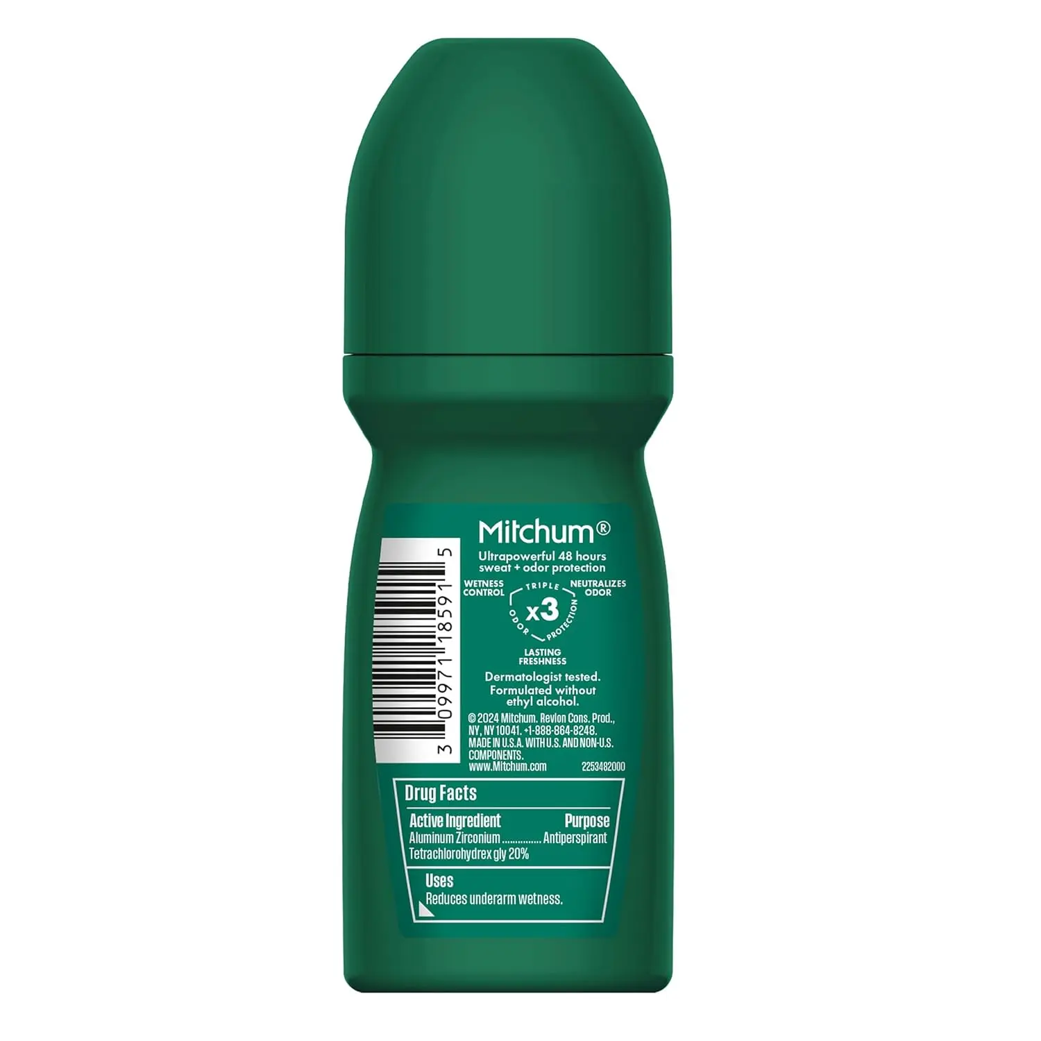Mitchum unscented roll-on antiperspirant deodorant for men offers maximum wetness protection, reduces underarm moisture, and provides 48-hour odor control.