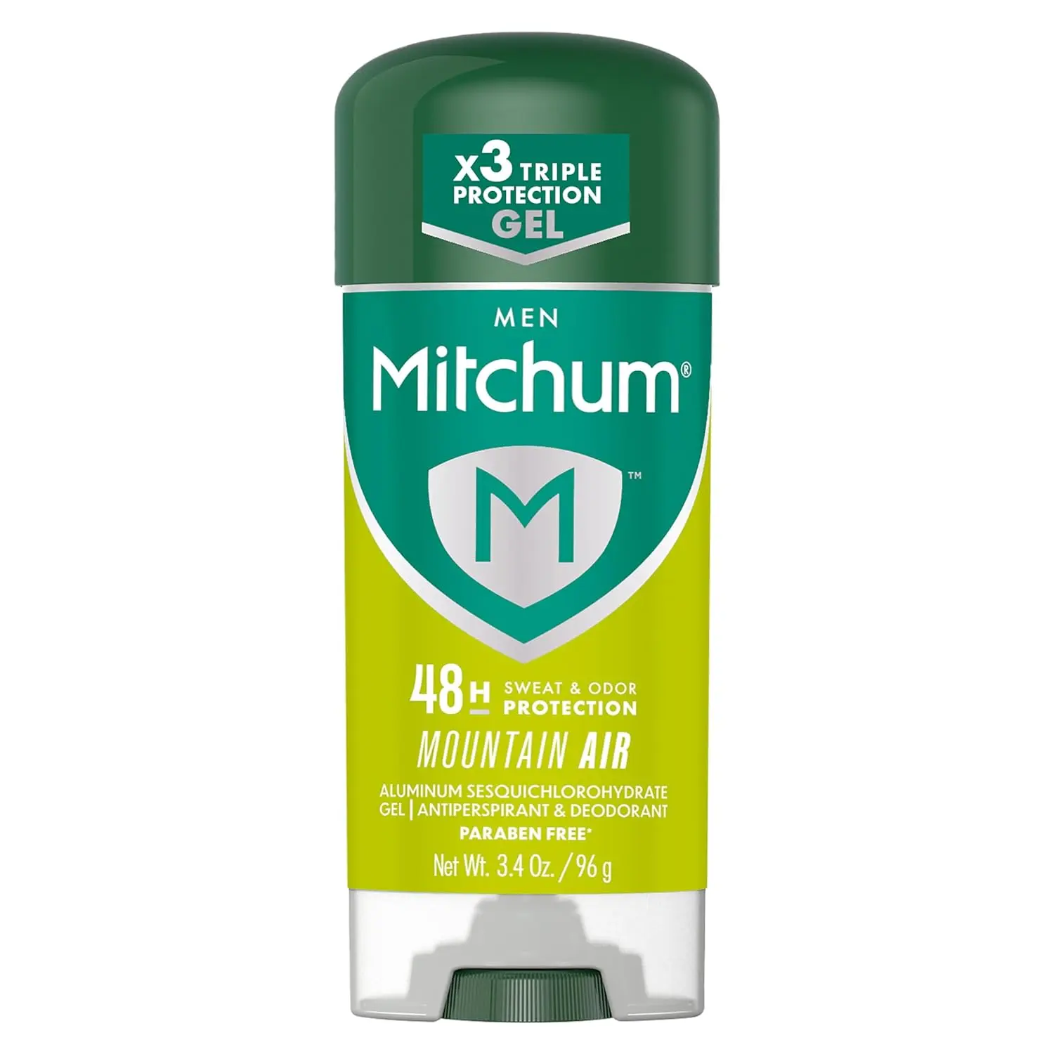 This is an image of Mitchum Men's Antiperspirant Deodorant Gel Stick in Mountain Air scent, providing 48-hour odor and wetness protection.