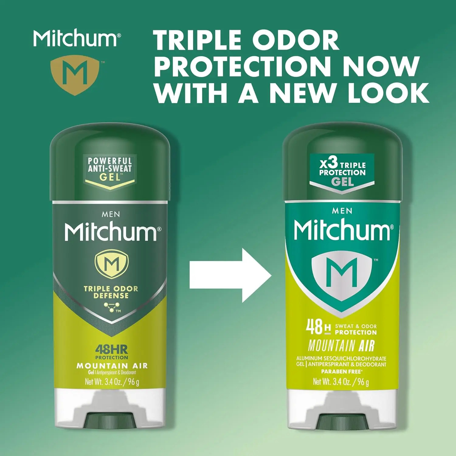 This is an image of Mitchum Men's Antiperspirant Deodorant Gel Stick in Mountain Air scent, providing 48-hour odor and wetness protection.