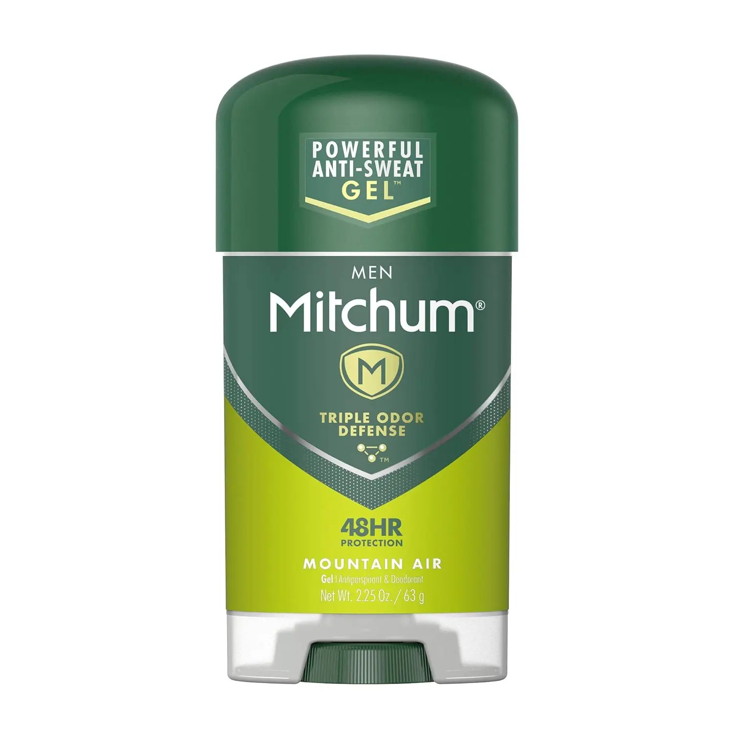 This is an image of Mitchum Men's Antiperspirant Deodorant Gel Stick in Mountain Air scent, providing 48-hour odor and wetness protection.