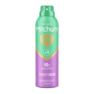 Mitchum Women Triple Odor Defense 48HR Protection Deodorant Spray in Shower Fresh scent, dermatologist tested, providing powerful sweat and odor control for up to 48 hours.