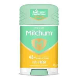 Mitchum Women's Pure Fresh deodorant stick provides 48-hour sweat and odour protection with triple odour defence technology, minimising white marks and dermatologist tested.