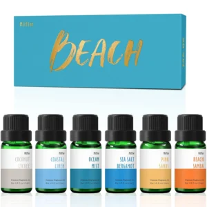MitFlor beach fragrance oil set with six unique scents evokes the feeling of summer with coastal linen, ocean mist and other aromatherapy essential oils, perfect for diffusers, candle making, and soap making.