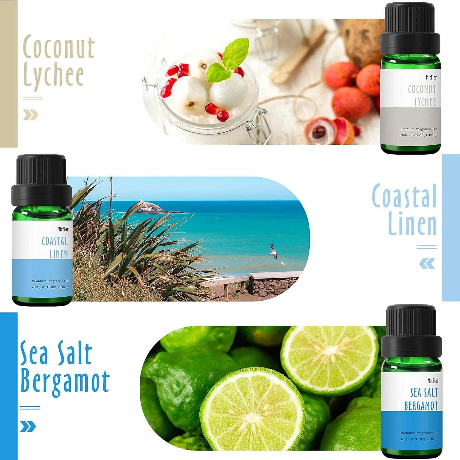 MitFlor beach fragrance oil set with six unique scents evokes the feeling of summer with coastal linen, ocean mist and other aromatherapy essential oils, perfect for diffusers, candle making, and soap making.