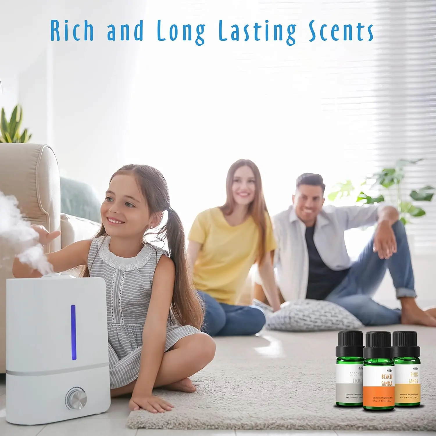 MitFlor beach fragrance oil set with six unique scents evokes the feeling of summer with coastal linen, ocean mist and other aromatherapy essential oils, perfect for diffusers, candle making, and soap making.