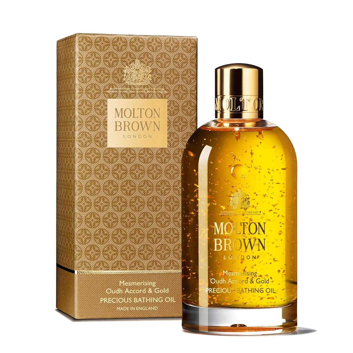 Luxurious Molton Brown bath oil infused with oudh, myrrh, honey, and real gold for a mesmerising and opulent bathing experience.